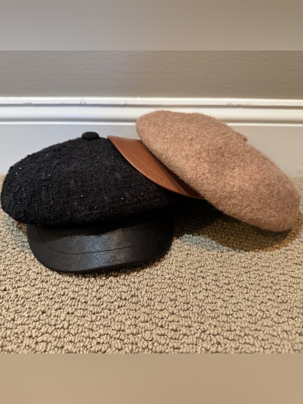 Two Beret/Newsboy Hats - Black Tweed with Leather Brim + Camel Wool Beret